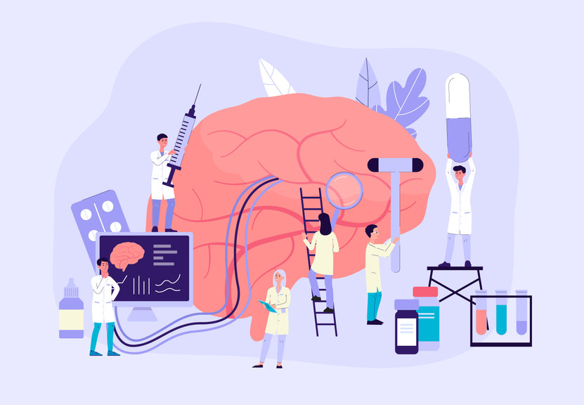Neurobiology banner - cartoon people doing research on giant brain